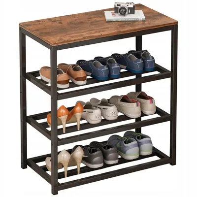 A shoe rack with multiple shelves filled with various shoes, placed on a white background.