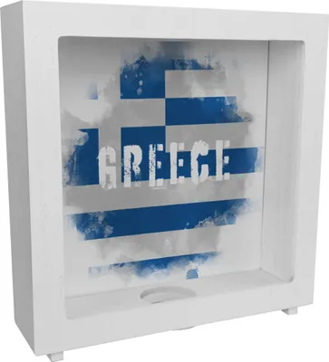 Produktbild von Rahmen Spardose aus Holz mit Griechenland-Flagge im Used Look - Sparschwein für