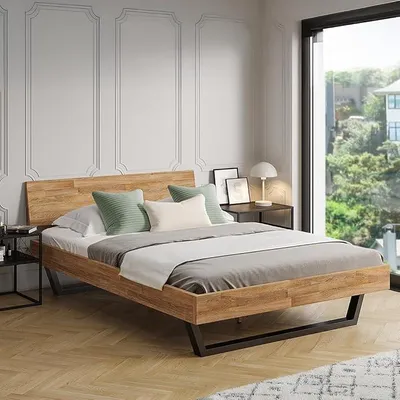 Produktbild von Alver Massivholzbett 140x200 cm – Bettgestell aus Massivholz Eiche geölt – Holzbett mit schwarzen Metallkufen – hochwertiges Bett mit 1 Strebe als Bettkopf – Bettrahmen geeignet als Doppelbett