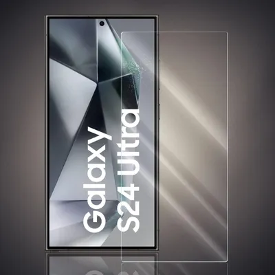A screen protector is shown placed over a smartphone screen, with the phone displaying a graphic and text.