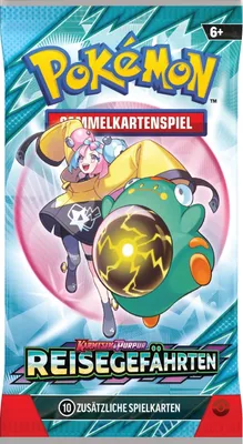 A Pokemon trading card game booster pack with characters and branding.