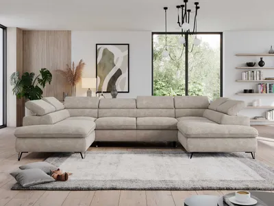 Produktbild von U-Ecksofa mit Schlaffunktion, verstellbare Kopfstützen, Couch mit Bettkasten - PEDRO U - Struktur - Beige