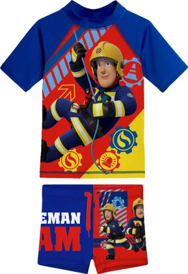 Produktbild von Feuerwehrmann Sam Schwimmset UV-Schutz 30 für Jungen - Kinder Badeanzug Badeset Shirt und Hose Zweiteiler Blau 122-128