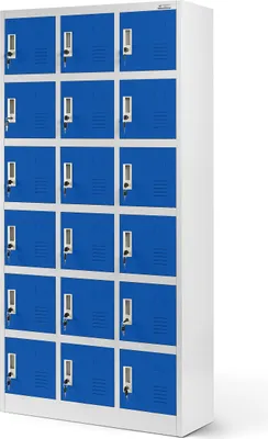 Produktbild von Umkleideschrank 3B6A Fächerschrank Schließfachschrank Wertfachschrank Metallspind Stahlblech 18 Fächer 185 cm x 90 cm x 40 cm Farbe: Grau-blau