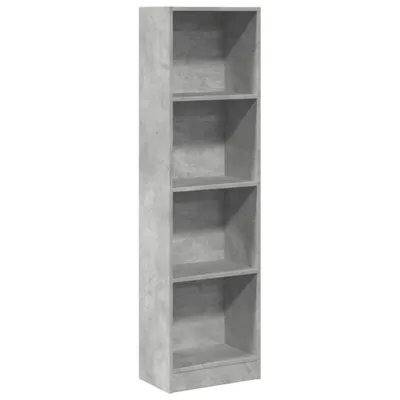A tall, narrow, concrete-gray bookshelf with five open shelves, shown against a white background.