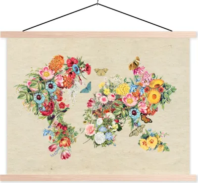 Produktbild von MuchoWow® Textilposter Weltkarte - Vintage - Blumen 60x45 cm mit holzfarbenen Rahmen - Bild