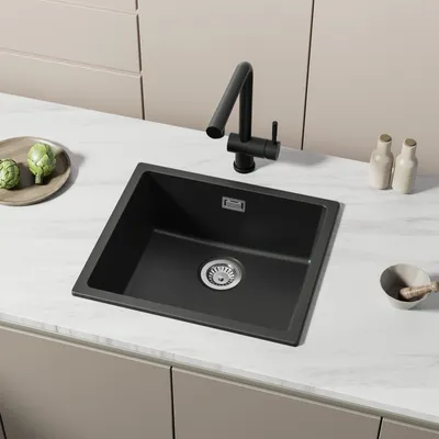 Obrázek produktu pro Granitový dřez 50×44 cm podsazený dřez kuchyňský dřez granit, vestavný kuchyňský dřez, antracitová černá