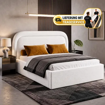 Produktbild von Polsterbett BONIA 160x200 cm mit Bettkasten, Stauraum und Metall-Lattenrost – Bouclé Stoff Weiß