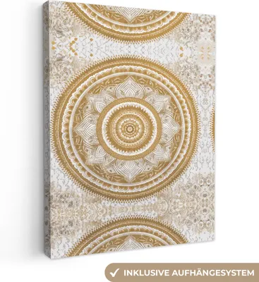 Zdjęcie produktu dla MuchoWow® - Obraz na płótnie - Mandala - Kwiaty - Złoty - Biały - Design, obraz na ścianę, dekoracja ścienna, obrazy do salonu, 30x40cm