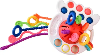 A colorful baby toy with various sensory elements.
