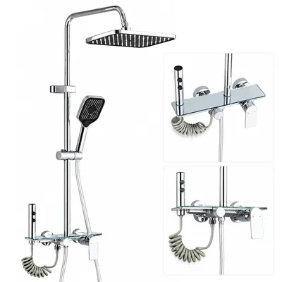 Produktbild von Aufputz-Duschsystem Chrom mit Armatur, Regendusche, Handbrause und Glasablage