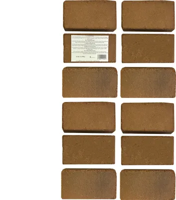 A grid of coconut fiber bricks, with one brick showing a label with text.