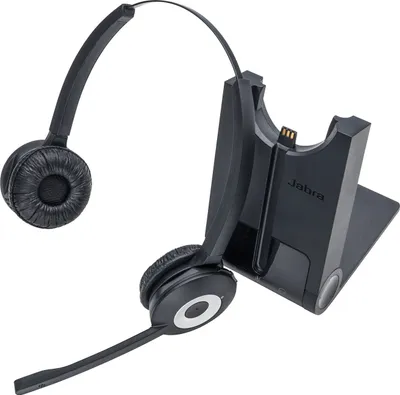 A black Jabra headset and its charging dock are shown against a white background.