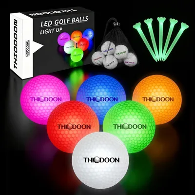 Produktbild von LED Golfbälle Set bunt leuchtend im Dunkeln 6er-Pack mit 6 Golf-Tees
