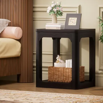 Immagine prodotto di MODFU, set da 2 comodini, tavolino laterale nero con design a due livelli, piano del tavolo spesso 3 cm, ideale per camera da letto e soggiorno, dimensioni 50x40x60 cm
