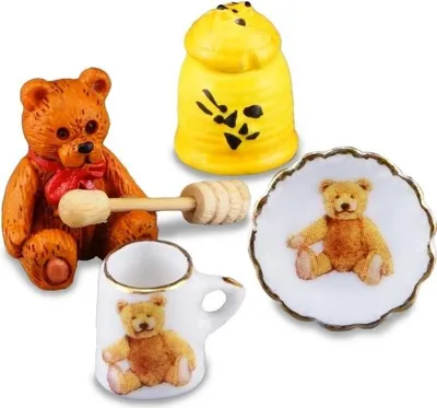 Produktbild von Porzellan Miniatur Honigbär mit Honigtopf, Tasse und Teller