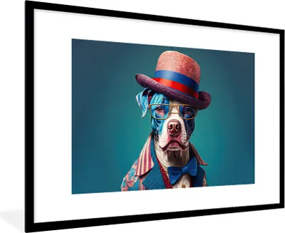 Produktbild von MuchoWow® Gerahmtes Poster Hund - Hut - Jacke - Blumen - Blau 90x60 cm - Poster mit Schwarzem Bilderrahmen Wandposter Rahmen Foto Bilder - Wanddekoration - Fotos