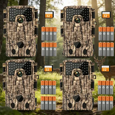 Image de 4 pièces de gibier caméra vidéo 4K animal 48MP avec carte de 32 Go & 8 piles capteur de mouvement vision nocturne caméra de vision nocturne 120 ° grand angle caméra de chasse