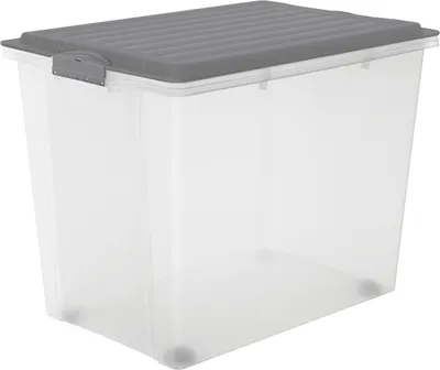 A clear, studio shot of a transparent storage box with a gray lid.