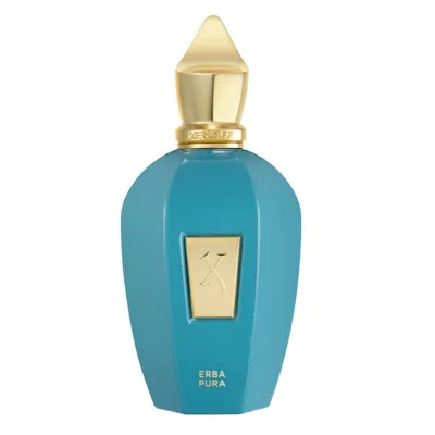A teal colored perfume bottle with a gold cap and gold accent on the front.