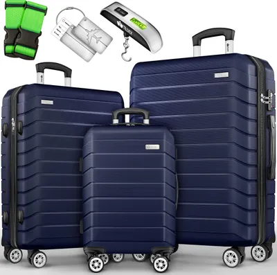 Produktbild von tillvex® Reisekoffer Set 3-TLG. + Gepäckwaage, 6X Koffergurte & 3X Kofferanhänger | Kofferset 4 Rollen | Trolley Gepäck Koffer TSA Schloss | Rollkoffer Hartschalenkofferset S-M-L-XL (Navyblau)
