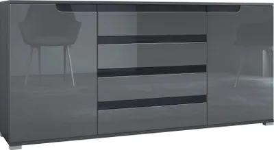 Produktbild von Vladon Sideboard Sylt V2, Kommode mit 2 Türen und 4 Schubladen, Korpus - Anthrazit matt / Front - Grau Hochglanz / Absetzung - Schwarz Hochglanz (166,5 x 75,5 x 35 cm)
