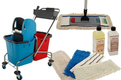 Produktbild von Axis Line Wischmop Komplettset mit Doppelfahrwagen Reinigungswagen 25 Liter Chrom und Ersatzmöppe und 2 x Profi Reinigungsmittel 50cm breite
