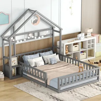 Produktbild von Odikalo Kinderbett 140 x 200cm, Flachbetten, Hausbetten mit Geländer, Kinderbetten mit Nachttischen, Grau