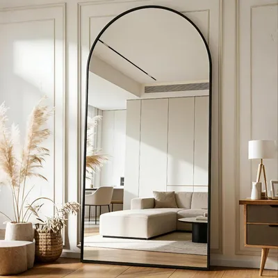 Immagine prodotto di Specchio a parete 192 x 85 cm, con superficie curva, specchio a figura intera, cornice in alluminio nero, da appendere, da appoggiare, inclinabile