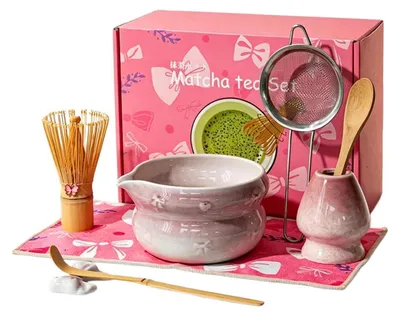 Produktbild von Matcha Besen Set 8-teilig mit Keramikschale, Sieb, Löffel & Halter, Bambus, Verlaufsviolett