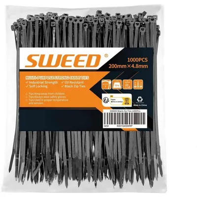 Produktbild von Kabelbinder Schwarz 200mm x 4.8mm, 1000 Stück, UV-beständig, 22kg Zugfestigkeit, Innen- und Außenbereich