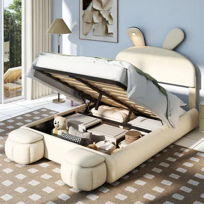 Produktbild von MODFU Kinderbett Polsterbett 140×200 cm mit warmfarbene LED-Licht, Jugendbett Doppelbett mit Kopfteil in Hasenohrenform und zwei Aufbewahrungshockern, Samt(Ohne Matratze), Boxspringbett Hydraulisches mit Bettkasten Stauraum, Samt Beige