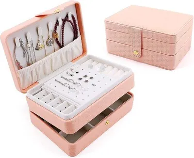 Imagen del producto de Cajas de joyería Unyqoos® para niñas y mujeres: de 3 niveles, con exterior de cuero sintético rosa, forro interior de terciopelo, de 17x12x8 cm, ideales para collares, anillos, pendientes y pulseras