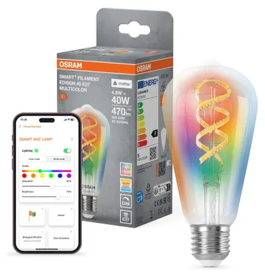 Obrázok produktu pre OSRAM SMART+ MATTER Filament Classic shapes multicolor v tvare Edison, LED žiarovka, sklo, číre, 4,8 W, 470 lm, RGBW, Wi-Fi, kompatibilné so smart reproduktormi, stmievateľné