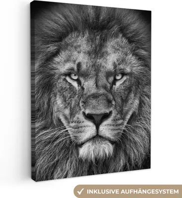 Produktbild von MuchoWow® - Leinwandbilder - Tiere - Löwe - Schwarz - Weiß - Porträt, Wandbild, Wanddeko Bilder Wohnzimmer, 60x80 cm