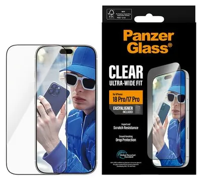 Zdjęcie produktu dla PanzerGlass ® Screen Protector iPhone 2026 Pro | 17 Pro | Ultra-Wide Fit w. EasyAligner, Apple - iPhone 2026 Pro, Apple - iPhone 17 Pro, Aplikacja na sucho, Odporny na zadrapania, Odporny na wstrząsy, Przezroczysty, 1 szt.
