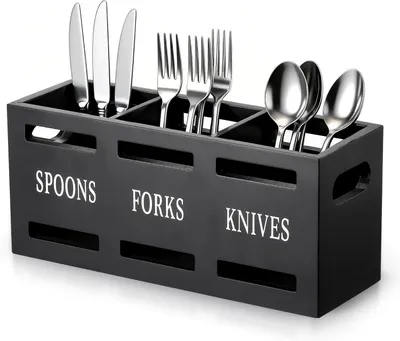 Imagen del producto de Soporte de cubiertos de madera con 3 compartimentos y asa, color , para la cocina