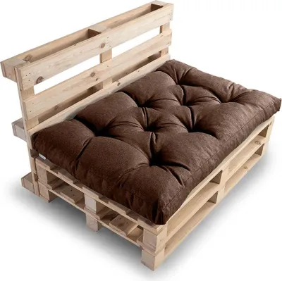 A brown tufted cushion on a wooden pallet base, resembling an outdoor sofa or seating.
