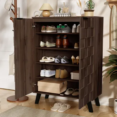 Produktbild von MODFU Modernes Sideboard Schuhschrank mit 5 Fächern in dunkler Holzmaserung,Schuhaufbewahrung Aufbewahrungsschrank mit verstellbare Einlegeböden,Holz