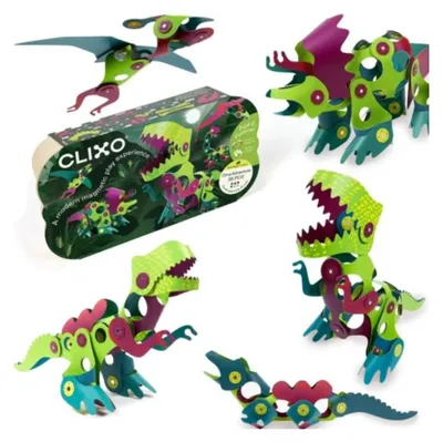 Produktbild von Clixo Dino Adventure Pack – 36 flexible magnetische Bauelemente (16 Formen, Neodym-Magnete, biegbares Synthetikmaterial, Dinosaurier-Thema) – ab 4 Jahren, CE & EN-71