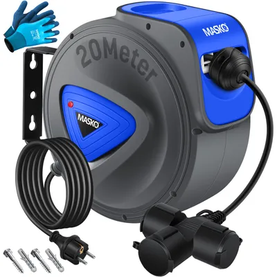 Produktbild von MASKO® Automatik Kabeltrommel Verlängerungskabel mit 3-Fach Anschluss 180° drehbar 1,5m Zuleitung Wandhalterung Werkstatt Kabelaufroller Automatisch Stromtrommel Schlauchaufroller Inkl. Handschuhe