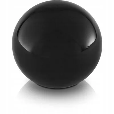 A glossy black sphere is shown on a white background with a subtle shadow.