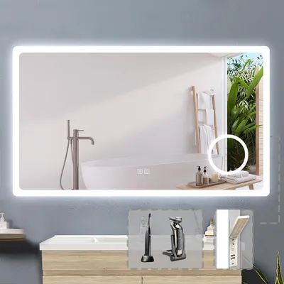 Produktbild von LED Badspiegel mit Steckdose 100x60cm Beschlagfrei 3 Lichtfarbe Dimmbar Bluetooth Speicherfunktion Wandspiegel mit 3X Schminkspiegel