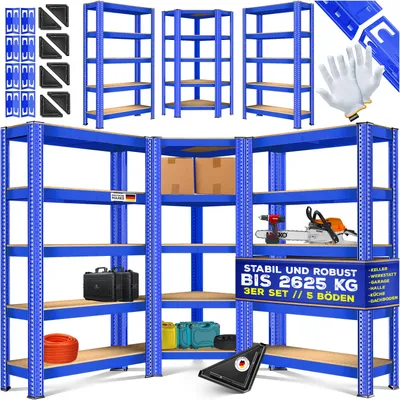Image de MASKO® Lot de 3 étagères métalliques pour entrepôt : 1 étagère d'angle et 2 étagères de rangement, 15 tablettes en MDF, capacité de charge de 2 625 kg. Étagères d'atelier, de cave, de garage, pour charges lourdes, à emboîter, en MDF.