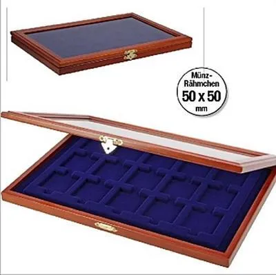 Produktbild von Safe 5846 Echt Holz Münzkasette mit 15 Fächern à 50 x 50 mm, z.B. für Square-Kapseln/Münzrähmchen | Königsblaue Samteinlage | Abmessungen: 375 x 260 x 30 mm