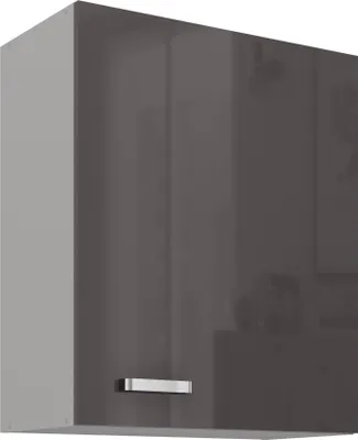A close-up, studio shot of a grey kitchen cabinet with a silver handle.