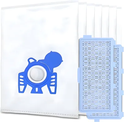 A set of vacuum cleaner bags and filters are displayed against a white background.
