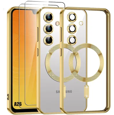 Image de Coque + 2 Verres Trempés pour Samsung Galaxy A26 5G, Silicone Souple avec Cercle Magnétique Protection Caméra - Doré