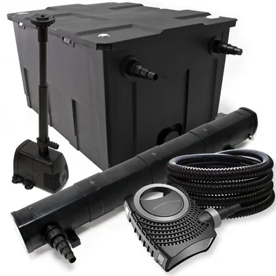 Immagine prodotto di Set completo Wiltec: filtro per laghetti CBF-550 fino a 60000 L, pompa per laghetti NEO10000 10000l/h 80W, chiarificatore per laghetti CUV-272 72W, tubo per laghetti 25m 25 mm, fontana HJ-943 800l/h 16W