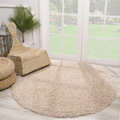 Immagine prodotto di Tappeto rotondo in pelo lungo e shag, Unyqoos®, diametro 150 cm – Beige, altezza del pelo 35 mm, 100% polipropilene Soft-Touch, morbido e facile da pulire